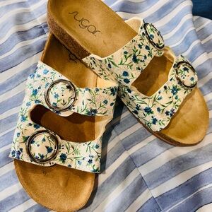 Sugar Floral Double-Buckle Slide Sandals - Blue Green Floral on Cream